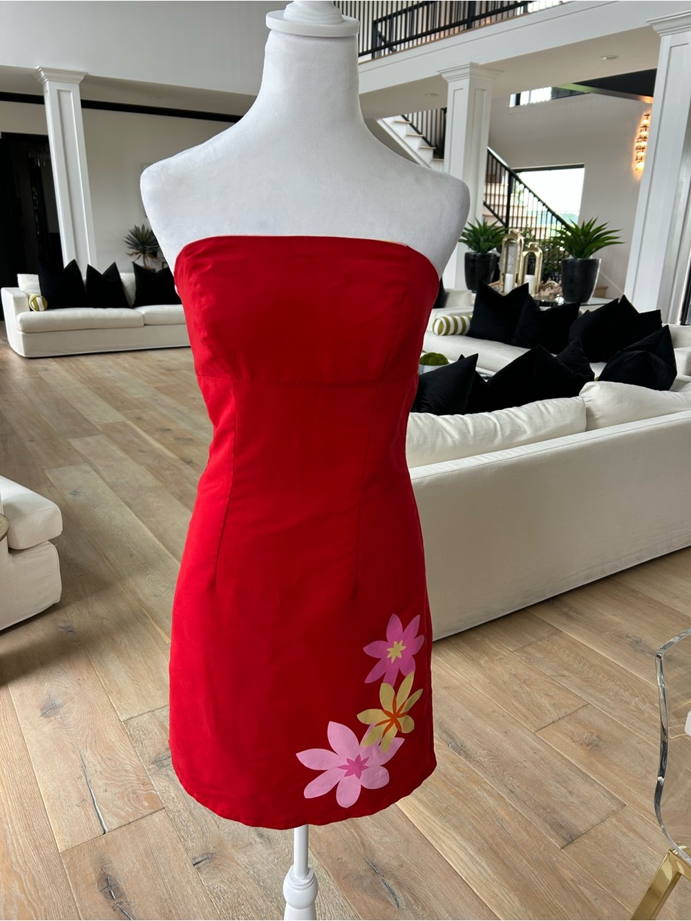 Strapless Red/Pink Reversible Floral Mini Dress
